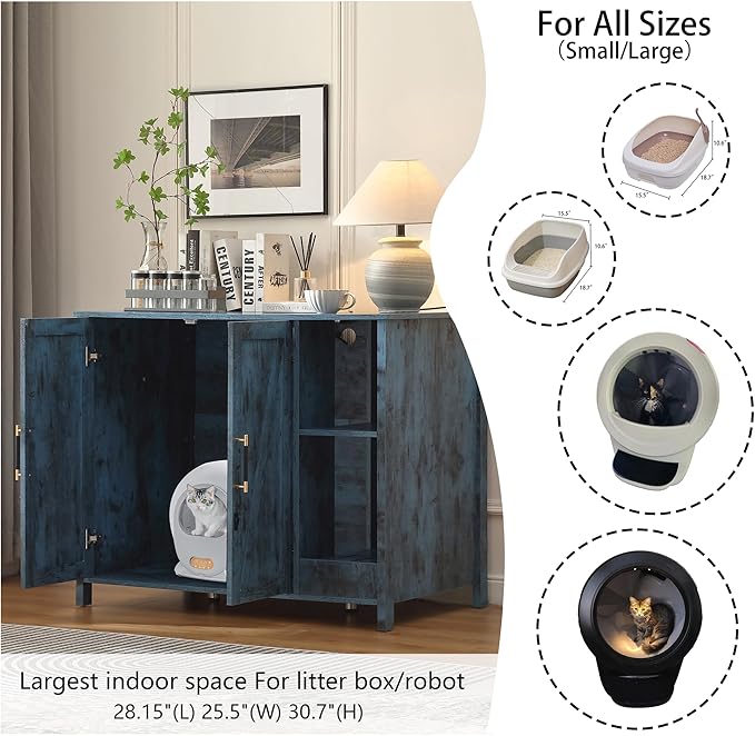 Cat Litter Robot Enclosure, Enclosure for self-Cleaning Litter Boxes,Adjustable Shelf for Dog Proof and Storage,Charging Station,Locks Added for cat,Large Indoor Cat House,Blue-Mewly Pet