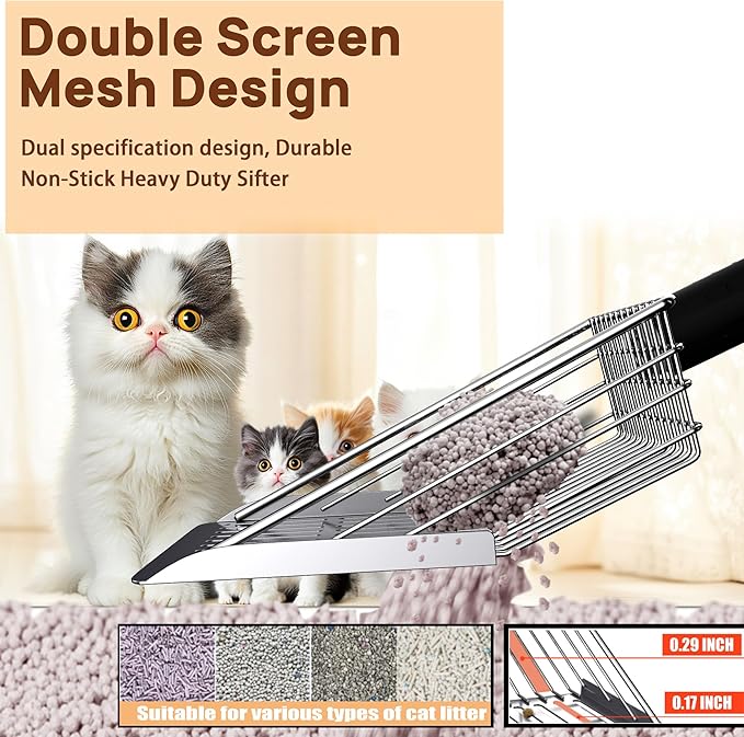 Heavy Duty Stainless Steel Cat Litter Scoop with Holder - Non-Slip Handle, Quick-Sifting Grid & Easy to Clean-Mewly Pet