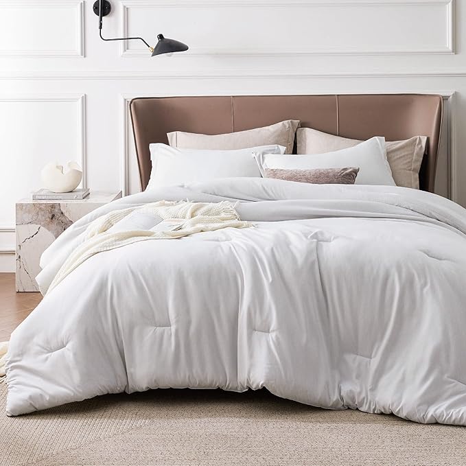 Bedsure Super King Comforter Set - Grayish White Soft Bedding for All Seasons, Cationic Dyed Bed Set, 3 Pieces, 1 Super King Size Comforter (120"x120") and 2 Pillow Shams (20"x36"+2")