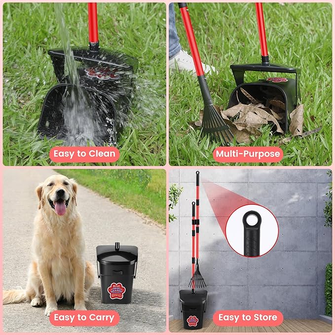 Pooper Scooper Swivel Bin and Rake with 60 Waste Bags, Heavy Duty Dog Poop Scooper for Large Medium Small Dogs, Long Stainless Steel Handle Use on Yard, Grass, Dirt or Gravel-Mewly Pet