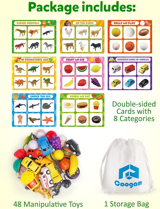 Coogam Sorting Toy for Toddlers, Animals Dinosaurs Fruits Vehicles Foods Fishes Balls Farm Playset, Fine Motor Montessori Game Preschool Educational Learning Gift for Year Old Kids-Mewly Pet