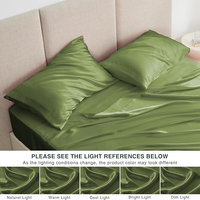 Love's cabin Full Size Satin Sheet Sets - 4 Piece Sage Silky Satin Sheet Set Full with Deep Pocket, Luxury Silk Feel Satin Bed Sheets Full Bedding Set (1 Flat Sheet,1 Fitted Sheet,2 Pillow Cases)