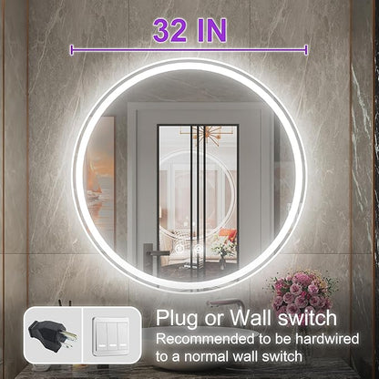 32 Inch Frameless Round Lighted Bathroom Mirror with Front & Backlit - 6000K Daylight, Dimmable, Anti-Fog, CRI 90+, 5mm HD LED Mirror