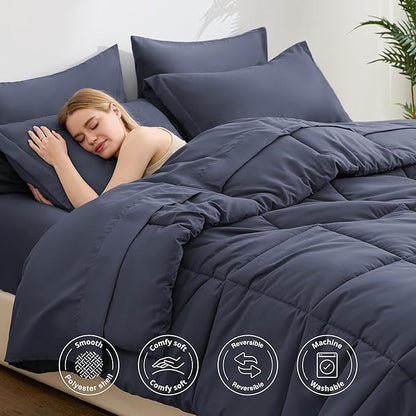 Love's cabin Full Comforter Set Indigo Blue, 7 Pieces Full Bed in a Bag, All Season Bedding Sets with 1 Comforter, 1 Flat Sheet, 1 Fitted Sheet, 2 Pillowcase and 2 Pillow Sham