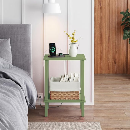 TUTOTAK End Table with Charging Station, Set of 2, Small Side Table with Outlets, Nightstand Bedside Table, 2-Tier Storage Shelf for Small Space, Living Room, Bedroom Olive Green TB01BOG041