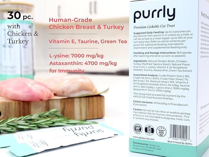 Purrly Low Calorie Premium Lickable Cat Treat Topper Healthy Chicken Variety Bundle (90 Count) Human-Grade Protein Sources with Functional Nutrients Wet Squeeze Creamy Purée Grain-Free Non-GMO-Mewly Pet