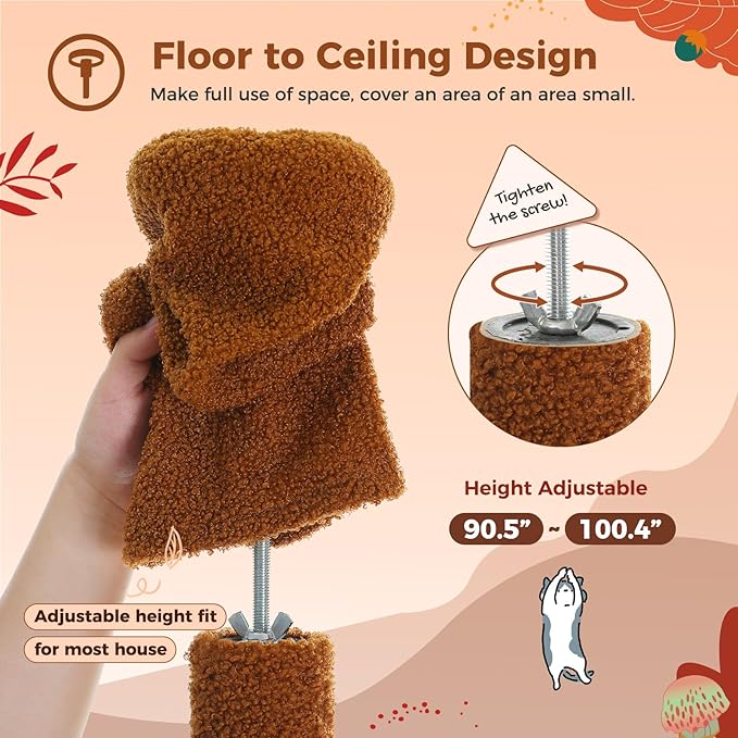 PEQULTI Mushroom Cat Tree Floor to Ceiling Cat Tower Adjustable Height (90.5''-100.4'' = 230cm-252cm) with Cat Condo, Cozy Hammock and Scratching Post, Tall Activity Tree for Indoor Cats, Brown-Mewly Pet