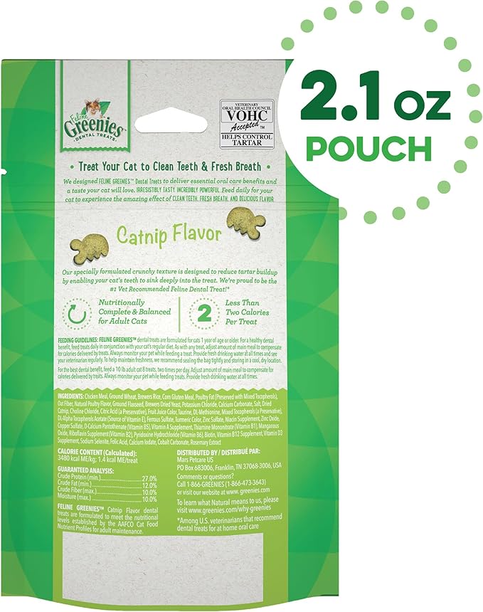 Greenies Feline Adult Dental Cat Treats, Catnip Flavor, 2.1 oz. Pack-Mewly Pet