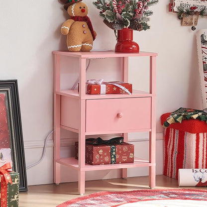 Lerliuo Nightstand Set of 2 with Charging Station and USB Ports, 3-Tier Storage Pink End Table with Drawer Shelf, Night Stand for Small Spaces, Wood Bedside Table for Living Room, Bedroom — Light Pink