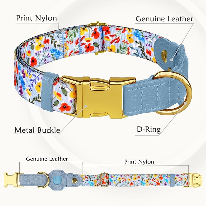 AirTag Dog Collar for Small Medium Large Breed - Adjustable Cute Pattern Dog Collar with Airtag Holder - Soft Leather Tracker GPS Apple Air Tag Pet Collars (Large, 17"-21" Neck Fit, Floral)-Mewly Pet