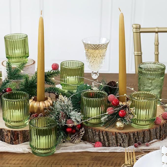 Kate Aspen Vintage Ribbed Glass Candle Holder Decor, Green Votive Candle Holders for Holiday Table Decor, Tealight Candles Holder Glass (Set of 6), Dinning & Christmas Table Decoration Tablescape