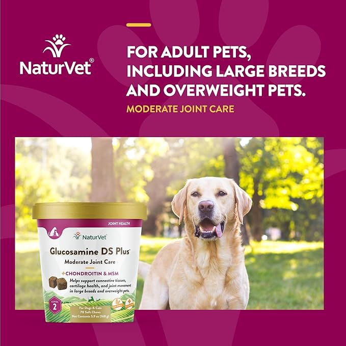 NaturVet – Glucosamine DS Plus - Level 2 Moderate Care – Supports Healthy Hip & Joint Function – Enhanced with Glucosamine, MSM & Chondroitin – for Dogs & Cats–70 Soft Chews-Mewly Pet