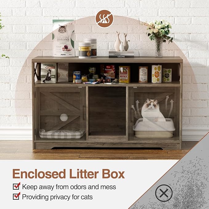 Cat Litter Box Enclosure for 2 Cats, 47" Double Hidden Litter Box Furniture with Scratch Pad, Farmhouse Indoor Litter Box Cabinet Cat Washroom, Grey-Mewly Pet