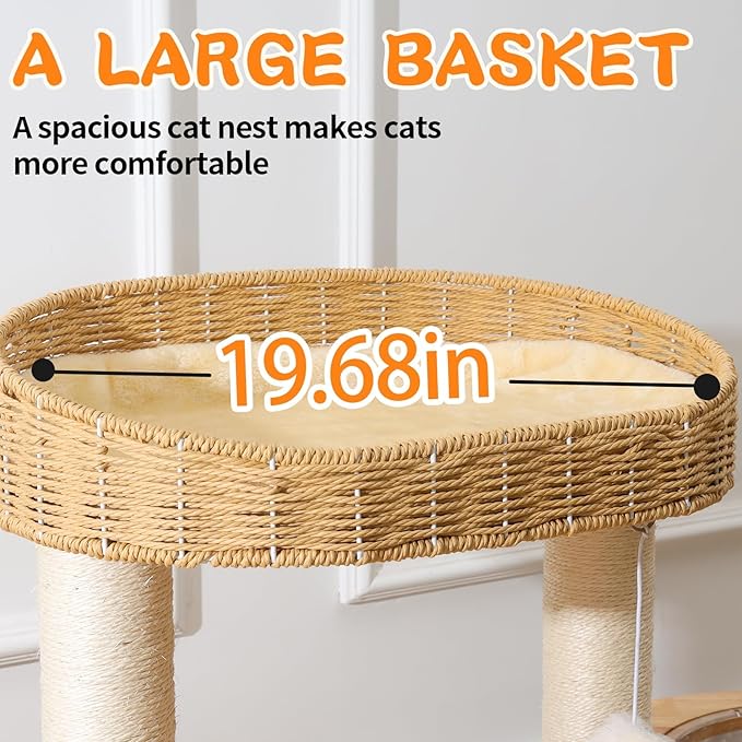 Cat Tree Tower for Indoor Cats, House Condo for Large Cats, Modern Tall Manual Hand Woven With Sisal, Scratching Post, Cute Furniture Activity Centre, Cat Lover Gift-Mewly Pet