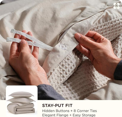 Bedsure Cotton Duvet Cover Set - 100% Cotton Waffle Weave Linen Color Duvet Cover California King Size, GentleSoft™ and Breathable Cal King Bedding Set for All Season, 3 Pieces, 104"x98"