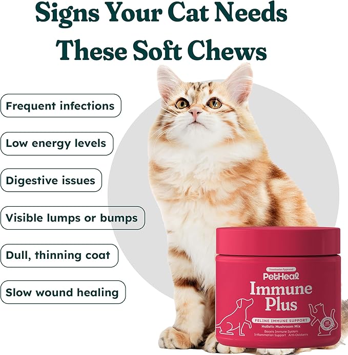 Immune Plus Chews for Cats - Vet-Reviewed - Boosts Immunity & Liver Health with Turkey Tail, Reishi & Milk Thistle | Promotes Shiny Coat & Reduces Lumps | 60 Chicken-Flavored Soft Chews-Mewly Pet