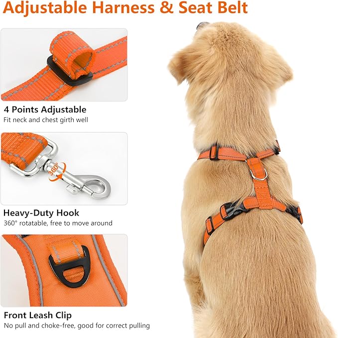 Dog Seat Belt Harness for Car, Dog Car Harness Adjustable Mesh Breathable & Dogs Seatbelt Safety Tether with Elastic Bungee for Small Medium Large Pets(Orange, M)-Mewly Pet