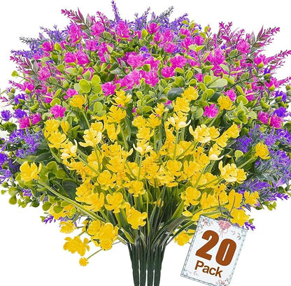 Artificial Plants Outdoor, 20PCS Artificial Flowers, UV Resistant Fake Flowers, Faux Flowers for Outdoor Planters for Front Porch Pot Decor