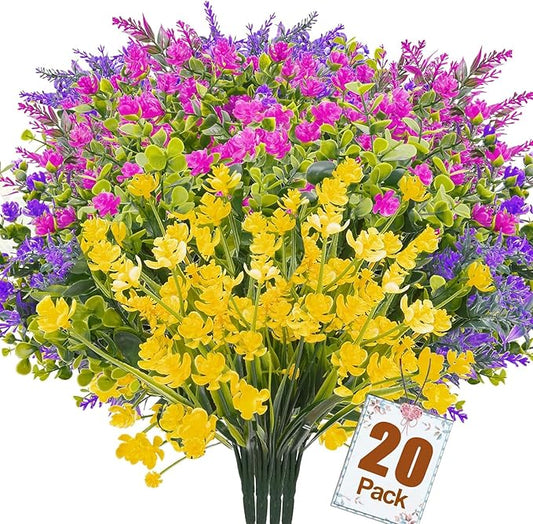 Artificial Plants Outdoor, 20PCS Artificial Flowers, UV Resistant Fake Flowers, Faux Flowers for Outdoor Planters for Front Porch Pot Decor