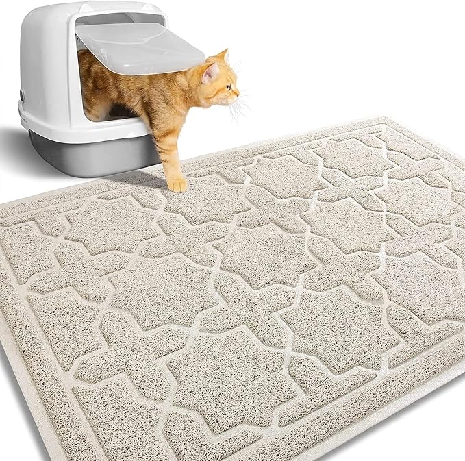 Yimobra Cat Litter Mat, 35.4"x23.6" Litter Box Mat with Litter Lock Mesh, Soft Cat Litter Mat Litter Trapping Mat, Easy to Clean, Non-Slip, Water Resistant, Litter Free Floors, Beige-Mewly Pet