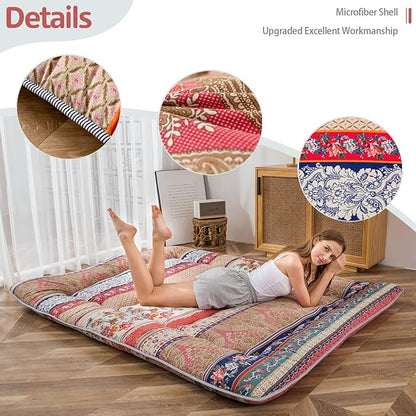 MAXYOYO Bohemian Retro Floor Mattress Vintage Floral Japanese Futon Mattress Roll Up Thicken Sleeping Bed Portable Camping Mattress Floor Lounger Couch Bed Mattress Pad Queen