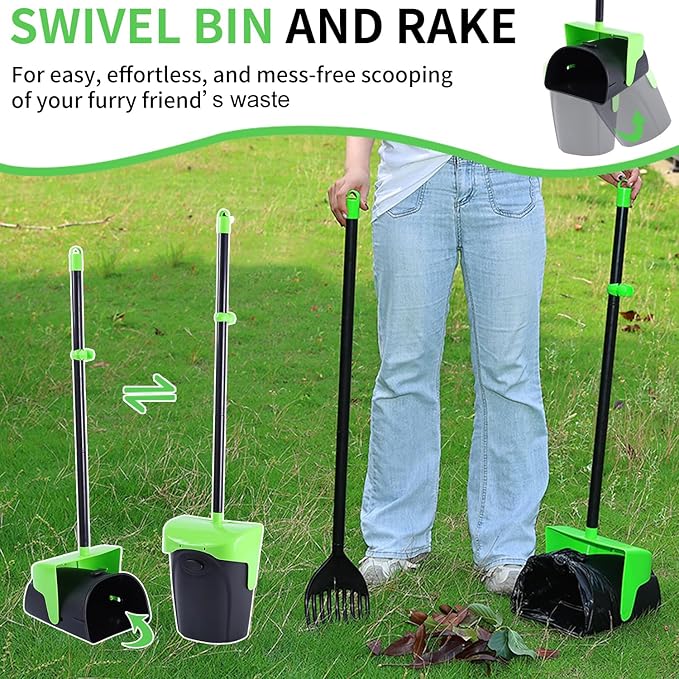 Pooper Scooper Large Swivel Bin & Rake with 160 Waste Bags,Heavy Duty Dog Pooper Scooper with Bag Attachment for Large Small Dogs, Long Handle Poop Scooper with Lid for Yard, Grass, Gravel (Green)-Mewly Pet