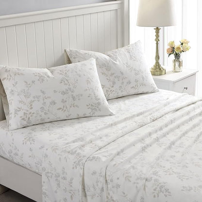Laura Ashley - Flannel Sheets Full Size, Anti-Pilling & Wrinkle Resistant Cotton, Touchably Soft for All-Season Comfort - Bed Sheets with Matching Pillowcases & Fitted Sheet (Fawna Grey)