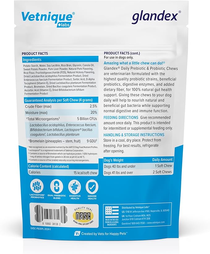 Vetnique Glandex Daily Probiotics for Dogs with Prebiotics to Support Gut Health with Fiber and Digestive Enzymes, Probiotic Chews or Powders (30ct Chews, Bacon Chews)-Mewly Pet