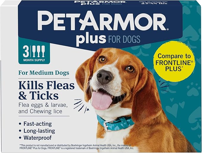 PetArmor Plus Flea and Tick Prevention for Dogs, Dog Flea and Tick Treatment, 3 Doses, Waterproof Topical, Fast Acting, Medium Dogs (23-44 lbs)-Mewly Pet