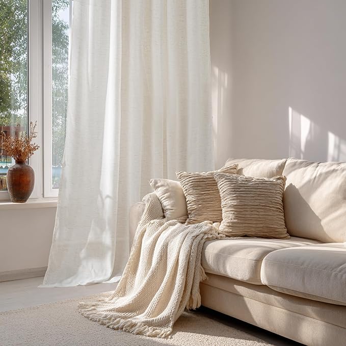RYB HOME Sheer Curtains 84 inches Long Linen Blend Light & Airy Vertical Translucent Panels for Bedroom Living Room Office, Rod Pocket & Back Tab, W52 x L84, Ivory, 2 Panels