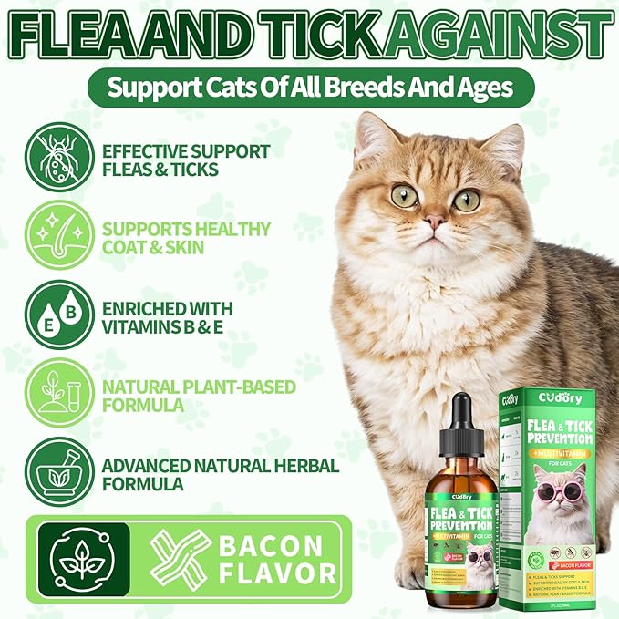 Flea & Tick Support for Cats – Natural Herbal Drops with Multivitamin – Fleas and Ticks Comfort Formula for Cat All Breeds & Ages – Bacon Flavor-Mewly Pet