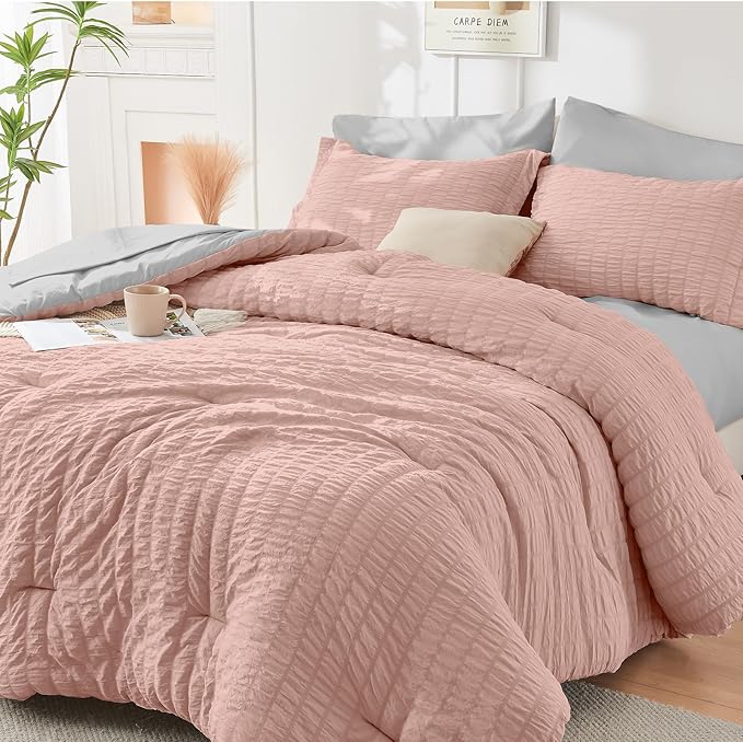 HYMOKEGE Rose Gold/Light Grey King Size Comforter Set Seersucker 7 Pieces, All Season Luxury Bed in a Bag for Bedroom, Bedding Set with Comforter, Sheets, Pillowcases & Shams