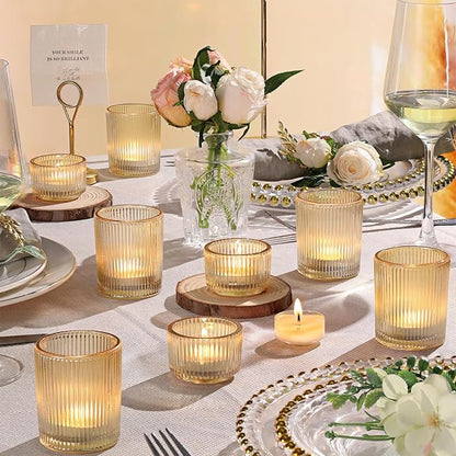 20pcs Ribbed Gold Votive Candle Holders, Assorted Tea Light Candle Holder Glass for Wedding Table Decor, Gold Candle Holders for Table Centerpieces, Diwali, Brithday, Party and Holiday Decor