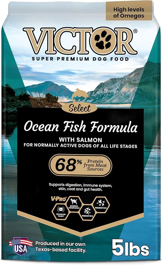 VICTOR Super Premium Dog Food – Select Ocean Fish Formula with Salmon – Omega-3 and Omega-6 Enriched Gluten-Free Dry Kibble for All Normally Active Dogs of All Life Stages, 5lbs-Mewly Pet