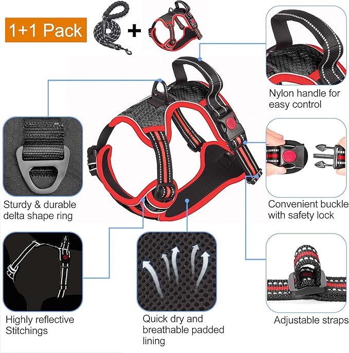 No Pull Dog Harness Adjustable Reflective Oxford Easy Control Medium Large Dog Harness with A Free Heavy Duty 5ft Dog Leash-Mewly Pet