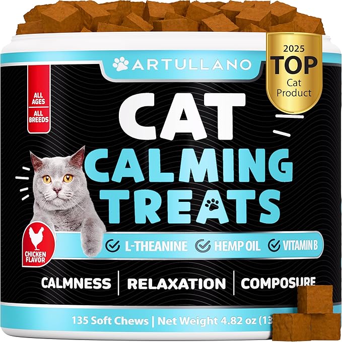 Hemp Cat Calming Treats for Stress & Anxiety Relief - Cat & Kittens - Melatonin - Storm Anxiety, Сomposure, Grooming, Separation, Veterinary Visits, Travel Care - Calming Aid with Hemp Oil - 135 Chews-Mewly Pet