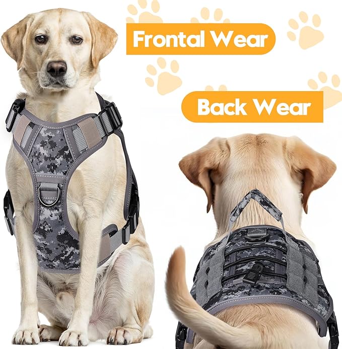 Heavy-Duty Tactical Dog Harness for Large Dogs, No Pull Adjustable Reflective Pet Vest with Molle System, K9 Military-Grade Control for Service Training, Outdoor & 10+ Breeds, Gray Camo, Small-Mewly Pet