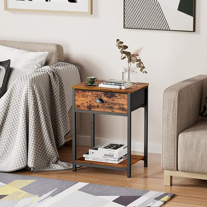 Furologee End Table with Storage Shelf and Fabric Drawer, 2 Tiers Industrial Nightstand, Bedside Table Organizer for Living Room Bedroom, Rustic Brown, Easy Assembly