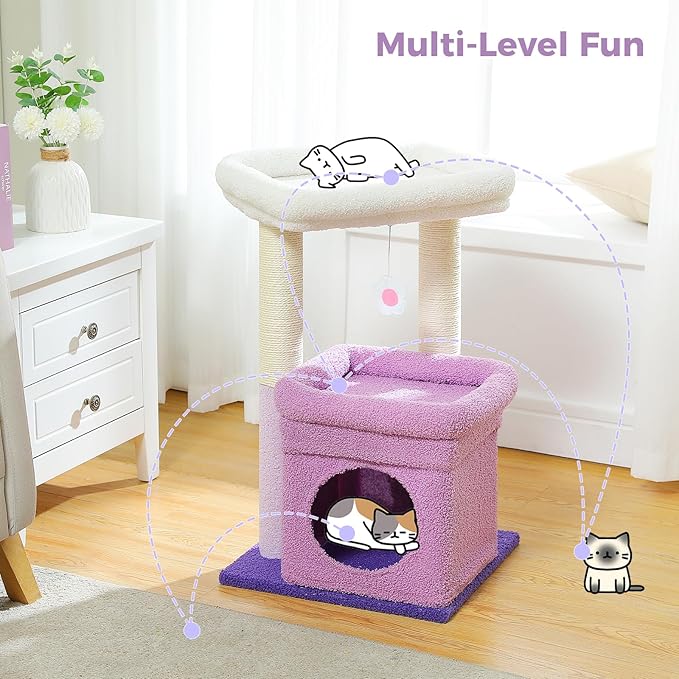 PEQULTI Cat Tree Flower Cat Tower for Indoor Cats with Private Cozy Cat Condo, Natural Sisal Scratching Posts and Plush Pom-pom for Small Cats, Purple-Mewly Pet