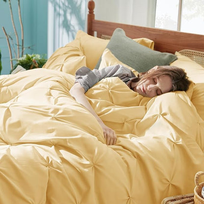 Bedsure Full Comforter Set Yellow - Bed in a Bag Full Size 7 Pieces, GentleSoft™ Pintuck Bed Set Gift for Family, Pinch Pleat Yellow Comforter with Sheets, Pillowcases & Shams