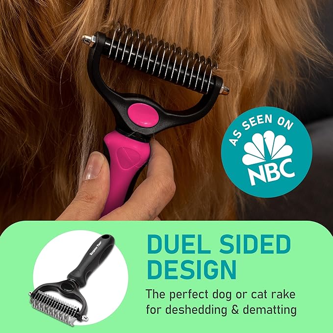 Maxpower Planet Hair Brush - Double Sided Shedding, Dematting Undercoat Rake for Dogs, Cats - Extra Wide Dog Grooming Brush, Pink-Mewly Pet