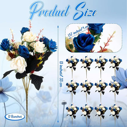 Hotop 12 Bunches of Artificial Flowers Centerpiece 13 Inches Silk Faux Roses Bouquets for Table Decoration Realistic Bouquet Arrangement Boho Faux Flowers for Wedding (Dark Blue)