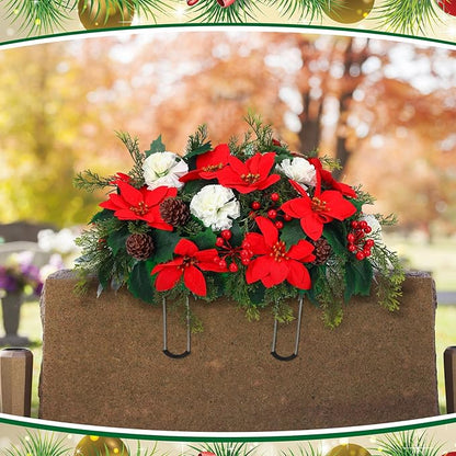 Christmas Cemetery Decorations for Grave Headstone Flower Saddle Artificial Flower Saddles Red Poinsettia Outdoor Memorial Headstone Realistic Bouquet(Red and White,Elegant Style)