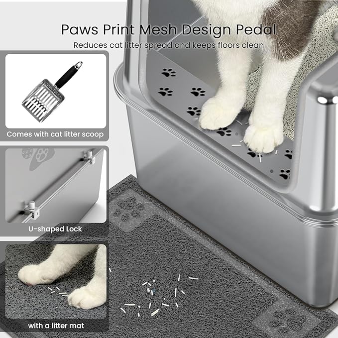 Enclosed Stainless Steel Cat Litter Box with Lid, XL Metal Litter Box for Big Cats, Extra Large Cat Toilet with High Side, Non-Stick, Anti-Leakage, Odorless, with Cats Litter Mat & Litter Scoop-Mewly Pet