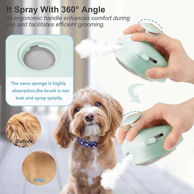 Cat Steam Brush for Shedding,Self Cleaning Cat Brush with Steam,Rechargeable Pet Steam Brush,Mist Brush Comb for Indoor Cats,Cat Hair Brush,Steamy Cat Brush for Short&Long Haired Pets.(Green)-Mewly Pet