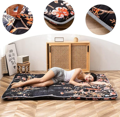 MAXYOYO Japanese Futon Mattress Floor Mattress Sleeping Pad Foldable Bed Roll Up Camping Cushion Floor Lounger Bed Couches and Sofas Couch Topper, Black Floral, Full Size