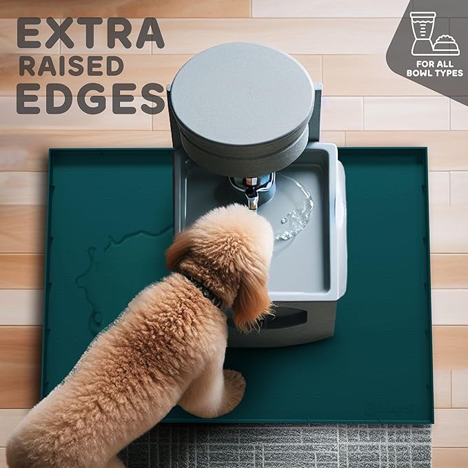 32x24x1” XL Dog Food Mat - All Purpose Under Sink Liner, Washer and Dryer Covers for The Top, Silicone Griddle Mat for Blackstone - Raised Edges Dog Mat for Food and Water Prevent Spill, Waterproof-Mewly Pet