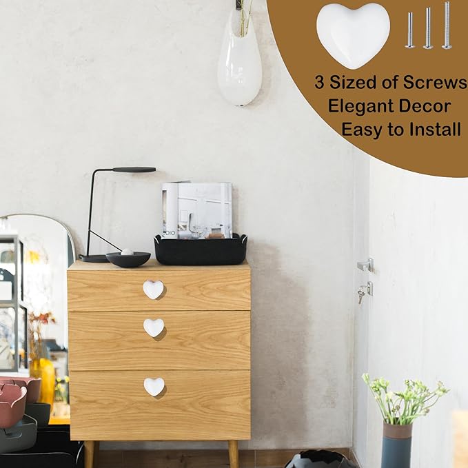 Ceramic Drawer Knobs Heart Shape Cabinet Dresser Pulls Handles with 3 Sized Screws, Kitchen Furniture Knobs for Closet Cupboard Wardrobe (White, 10 Pack)