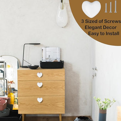 Ceramic Drawer Knobs Heart Shape Cabinet Dresser Pulls Handles with 3 Sized Screws, Kitchen Furniture Knobs for Closet Cupboard Wardrobe (White, 10 Pack)