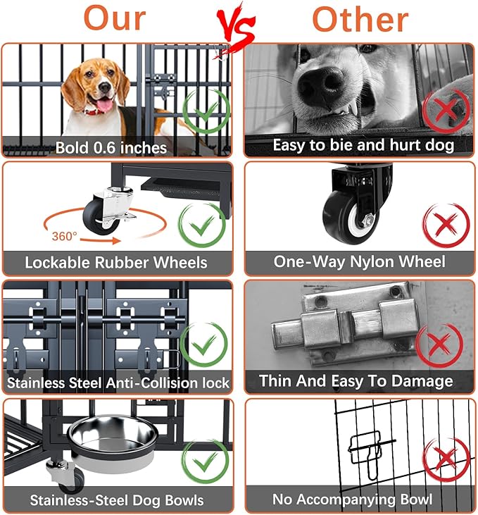 aboxoo 42/48 inch Heavy Duty Metal Dog Crate for 2 Dogs/Large Dog,All Metal Open Top Stackable,Dog Kennel Indoor with Wheels,Floor Grid, Tray, Divider and Feeding Bowl-Mewly Pet